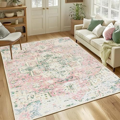 DELISEPT 5x7 Washable Area Rugs for Bedroom Girls Soft Boho Vintage Floor Carpet Non-Slip Oriental Pink Rug for Bedside Nursery Living Room Dinning Room, Light Green and Pink Rug - 5' x 7' (Rectangular) - Pink and Green thumbnail 8