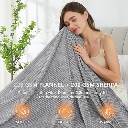 Homemate Electric Heated Blanket Twin Size - 62"x84" Heating Blanket Twin Size 1/2/4/6/8 Hours Auto-Off 10 Heat Level Over-Heat Protection Soft Flannel Sherpa ETL Certification thumbnail 2