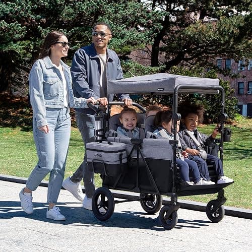 Jeep Wrangler Deluxe 4 Seater Stroller Wagon by Delta Children - Premium Quad Stroller Wagon for 4 Kids with Convertible Seats, Adjustable Push/Pull Handles, Removable Canopy & Flat Fold, Grey thumbnail 9