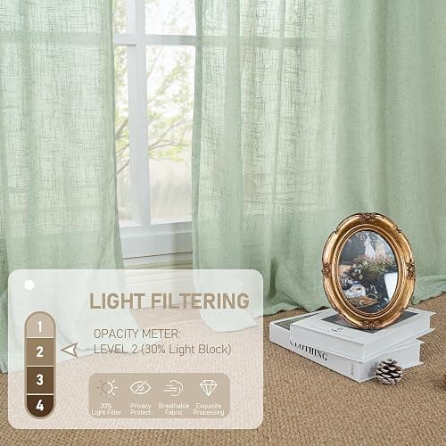 LAMIT 95 Inches Long Fresh Green Linen Curtains for Living Room, Back Tab and Rod Pocket Semi Sheer Curtains Light Filtering Farmhouse Drapes for Bedroom/Dining Room, Set of 2, 52 x 95 Inch thumbnail 5
