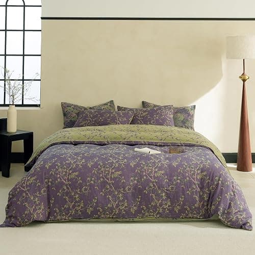 Simple&Opulence Muslin Duvet Cover Set King Size, 100% Washed Cotton 3 Pieces Yarn-Dyed Vintage Purple Floral Jacquard Textured Bedding, Soft & Breathable Gauze Comforter Cover with Zipper Closure thumbnail 8