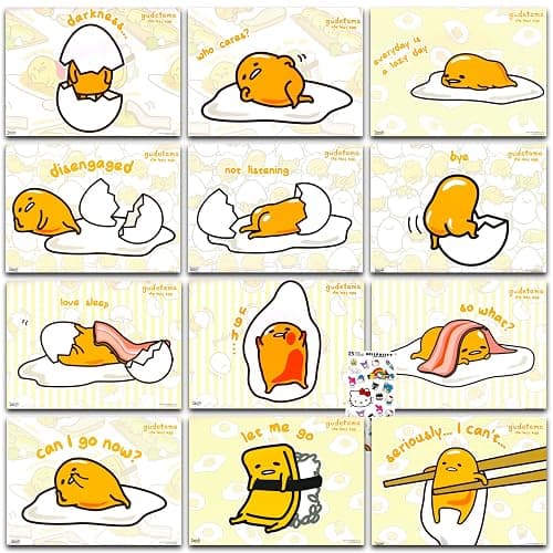 SANRIO Gudetama Posters for Room Decor - 12 Pc Bundle for Kids Teens Adults | 8.5" x 11" The Lazy Egg Wall Art Posters Set Plus Stickers - Gudetama Decorations for Bedroom, Party Decor - Image 1
