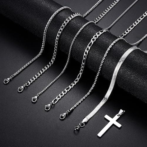 LOYALLOOK 6PCS Silver Chain for Men Women Stainless Steel Cross Chain Layered Cuban Link Figaro Snake Box Chain Cross Pendant Necklace 18-20IN/20-22IN thumbnail 7