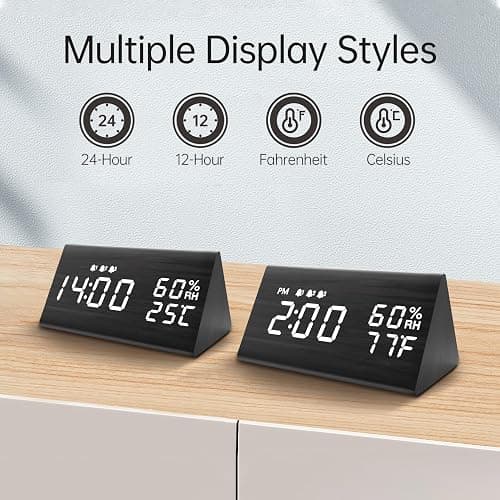 Digital Alarm Clock, with Wooden Electronic LED Time Display, 3 Alarm Settings, Humidity & Temperature Detect, Wood Made Electric Clocks for Bedroom, Bedside (Black) thumbnail 5
