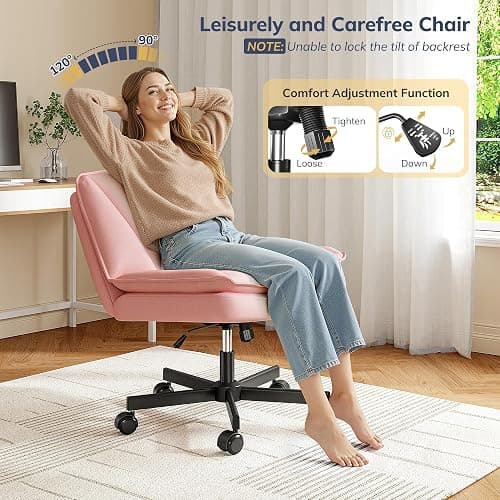 DurayLoly Criss Cross Chair with Wheels,Cross Legged Office Chair with 2 Layer Comfty Leather & Back,Armless Wide Vanity Chair for Home Office,Pink thumbnail 3