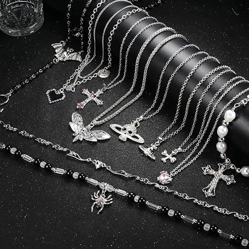 Subiceto Vintage Gothic Necklace Set for Women Punk Grunge Cross Heart Bat Spider Angel Wing Saturn Skull Pendant Layered Choker Statement Necklaces thumbnail 2