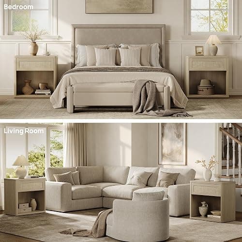 SICOTAS Night Stand Set of 2 26" Wide Large Nightstands with Drawer & Shelf Storage Rattan Bedside Table Boho End Table Tall Bed Side Tables Night Stands for Bedroom Living Room Sofa Office, Sand Oak thumbnail 7