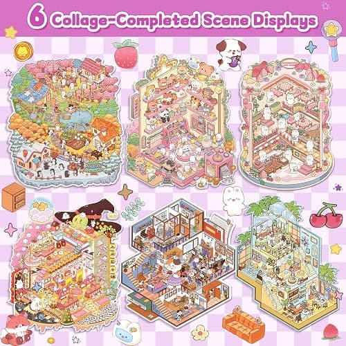 3D Sticker Scene Book,Miniature Craft Kit with 9 Sticker Sheets & 6 Cozy Room Cards for Kids and Adults DIY thumbnail 3