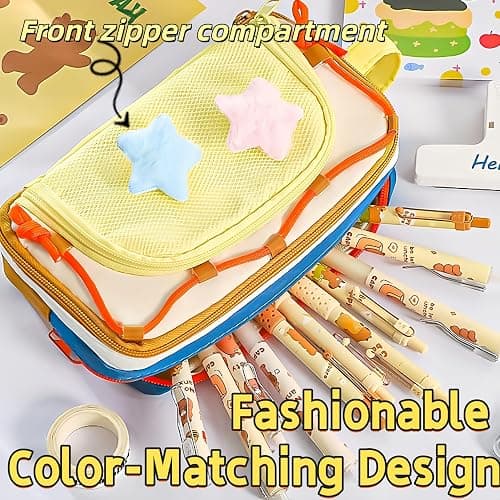 UIVXXUD Portable Multi-Layer Kawaii Star Pencil Case Organizer - Large Capacity Pencil Case with Compartments - Cute Pencil Pouch Functional Bag (Pink) thumbnail 3