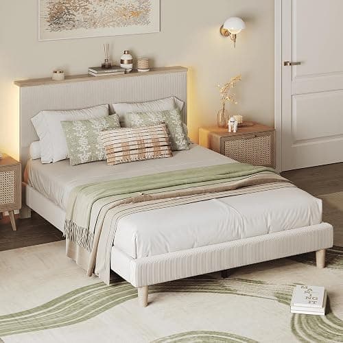 Bestier Queen Bed Frame with Adjustable Headboard & LED Lighting, Corduroy Upholstered Platform Bed Frame with Storage Shelf, Solid Wood Slats, No Box Spring Needed, Never Squeak, Easy Assembly, Beige thumbnail 3