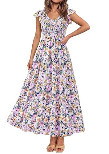 PRETTYGARDEN Women's Summer Flowy Maxi Dress Casual Cap Sleeve V Neck Smocked Beach Sundress - Image 1
