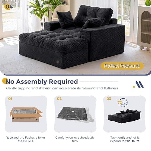 MAXYOYO Oversized Chaise Lounge Sofa, Upholstered Lounge Chair with 3 Pillows, Tufted Boneless Sofa Couch with Ottoman, Deep Seat Sleeper Chair for Living Room, Bedroom, No Assembly, Black thumbnail 6
