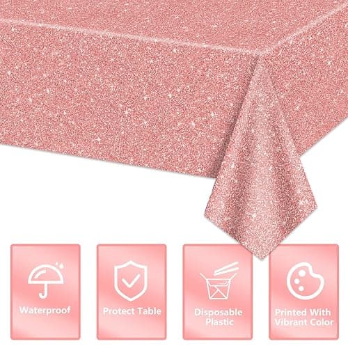 4 Pack Pink Rose Gold Tablecloths, 51x87'' Rose Gold Sequin Printed Plastic Table Cover, Rose Gold Glitter Birthday Background Decorations for Girls Birthday Wedding Graduation Princess Party Supplies thumbnail 7