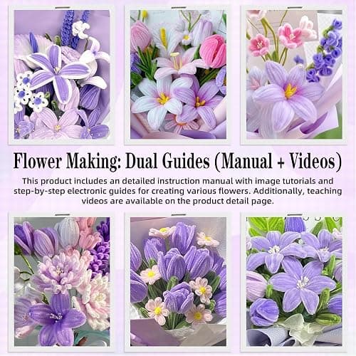 LINAYE 500 PCS Pipe Cleaners Craft, 6 Colors Pipe Cleaners Flowers Kit, Chenille Stems for Crafts with Instruction Wrapping Paper, Flower Stamens, Stems Art and Craft Supplies Purple thumbnail 6