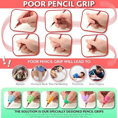 Stylo 6 Pack Pencil Grips for Children Handwriting, Multi-Color Designs, Assorted - For Left and Right Handed Children - Comfortable Writing Aid for Improving Handwriting (Multicolored) thumbnail 6