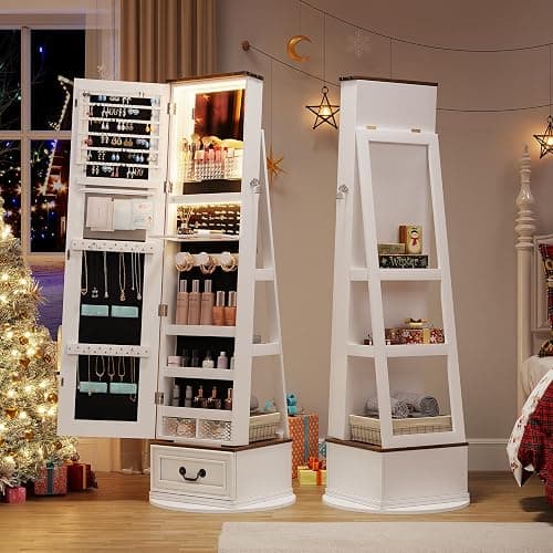 360°Swivel jewelry organizer with Full Length Mirror with Lights,Jewelry Armoire Cabinet Standing with Drawers,Large Mirror Storage for Jewelry and Makeup,Best Gift for Mom,Wife & Girls（White） thumbnail 3
