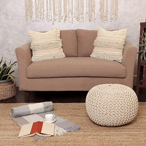 REDEARTH Round Pouf Ottoman - Cable Knitted Boho Poof - Home Décor Cord Pouffe Handmade Circular Footrest for Living Room - Bedroom - Kids Bedroom - 100% Cotton Pouf (18" x 18" x 14") - Ivory thumbnail 7