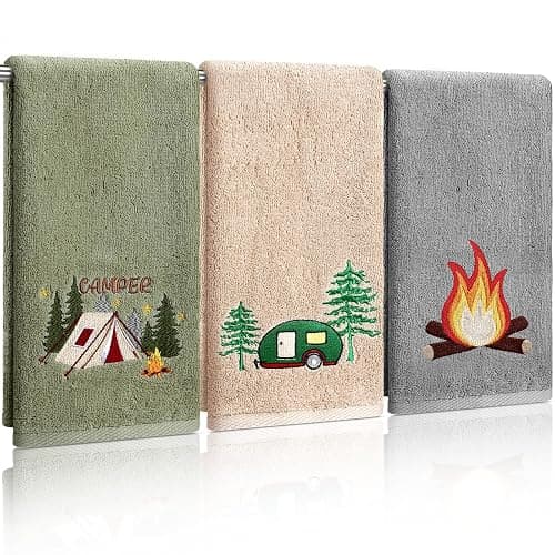 SmoothNovelty 3 Pcs Camping Hand Towels for Bathroom 100% Cotton Decorative Embroidered RV Hand Towels Farmhouse Campers Bathroom Decor 14 x 29 Inch Rustic Vintage Gifts for Camping RV Kitchen - Image 1