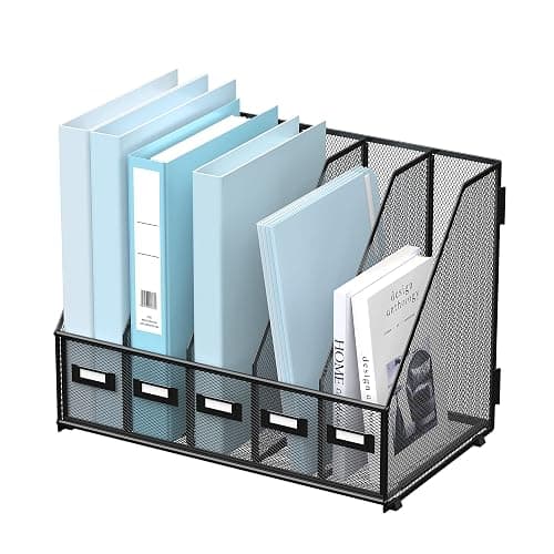 SUPEASY Desk Organizers Metal Desk Magazine File Holder with 5 Vertical Compartments Rack File Organizer for Office Desktop, Home Workspace, Black - Image 1