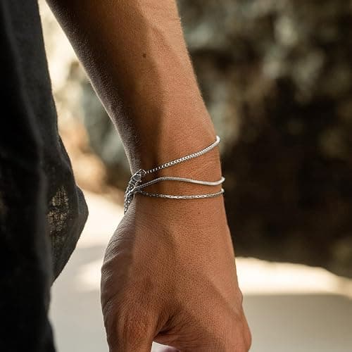 Mens Bracelet - Dainty Gold/Silver Chain Bracelet Stack 14K Gold Plated Silver Bracelets for Men Stainless Steel Adjustable Cross Charm Cuban Link Bracelet Snake Jewelry Set to Men Dad Birthday Day thumbnail 3