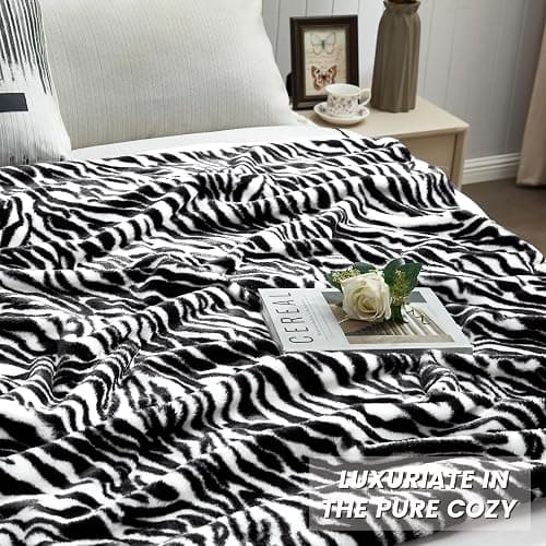 JONIYEAR Decorative Fuzzy Zebra Print Faux Rabbit Fur Throw Blanket 50" x 60",Double Sided Soft Thick Warm Shaagy Fluffy Blankets for Winter, Cute Cozy Plush Animal Blanket for Women, White and Black thumbnail 2