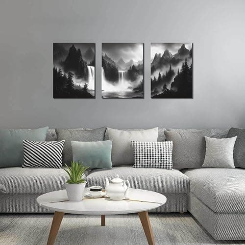 CIRABKY Foggy Forest Wall Art for Living Room - Mountains Canvas Wall Art for Office - Black and White 3 Piece Wall Decor Size 12" x 16" thumbnail 4
