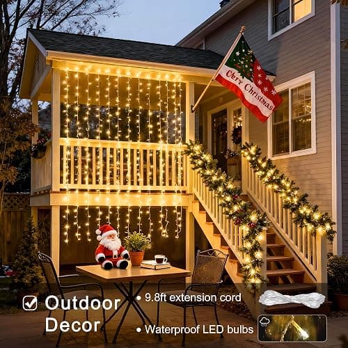 JMEXSUSS 300 LED Remote Control Christmas Curtain Lights, Plug in Fairy Curtain Lights Outdoor, Window Wall Hanging String Lights for Bedroom Backdrop Wedding Party Indoor Patio Xmas Decor, Warm White thumbnail 4