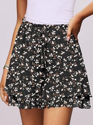 Caracilia Skorts for Women Boho Casual Beach Mini Skirts Summer Floral Ruffle Chiffon Flowy Shorts 2025 Trendy Outfits - Black Beige Floral - Small thumbnail 6