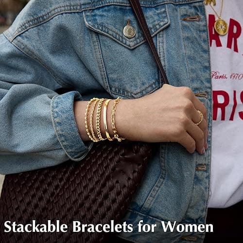 Gold Bracelets for Women Non Tainish,Dainty Bracelets Stack for Women Trendy, Gold Plated Cuff Stackable Bracelets With Beaded Cuban Paperclip Snake Rope Bangle Hand Chain Jewelry Gifts for Women thumbnail 6