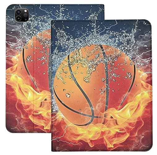 Case for iPad Pro 11 Inch (2022/2021/2020, 4th/3rd/2nd Generation), [Built-in Pencil Holder] 360 Degree Rotating Protective Stand Cover, Auto Wake/Sleep, Basketball Water with Fire