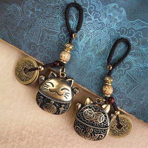 Mansiyuyee Brass Maneki Neko Lucky Cat Keychain with Feng Shui Coins, Maneki Neko Statue Good Luck Charms Lucky Tassel thumbnail 5