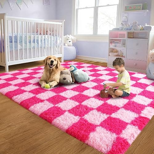 KOGSA 6x9 Fluffy Fuzzy Area Rug for Living Room Bedroom, Hot Pink Checkered | Ultra Soft Large Living Room Rugs, Non Slip Thick Shag Rug for Dorm, Kids Girls Boys Rug for Home Decor Aesthetic thumbnail 2