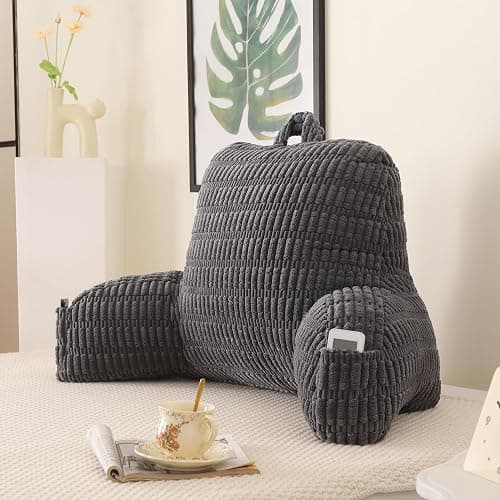 PAJEO Reading Pillow for Sitting in Bed, Large Backrest Reading Pillow with Arm Rest,Back-Rest Support Cushion for Sit Up on Couch, Sofa, and Floor, Dorm Essentials (Grey Corduroy, Large(19")) - Image 1