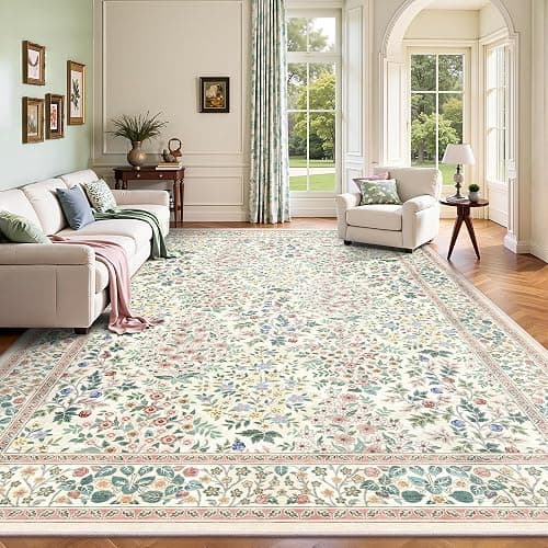 Yarooge 8x10 Area Rugs, Machine Washable Low Pile Floral Rugs for Living Room, Bedroom, Large Boho Area Rug with Non-Slip Backing for Dining Room(Pink Floral) - Image 1
