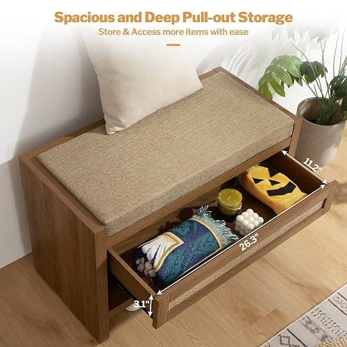 SICOTAS Rattan Shoe Bench Entryway Bench with Storage Drawer and Linen Seat Cushion, Farmhouse Boho Shoe Rack with Shelf, Wooden Storage Bench for Entryway Hallway and Bedroom, Caramel Oak thumbnail 4