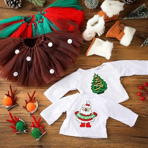 Kajaia 8 Pcs Christmas 18 Inch Doll Clothes and Accessories Dress Skirt Shoes Outfit with Santa Claus Deer Hairpin Outfit Christmas Themed Accessories for 18 Inch Doll thumbnail 3