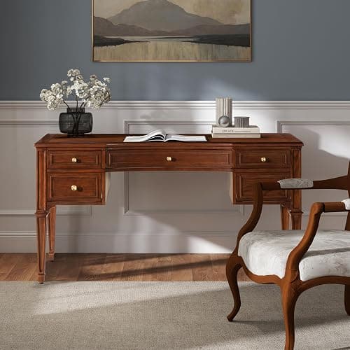 Jennifer Taylor Home JTH Luxe Dauphin Gold Accent 5-Drawer Wood Executive Desk, Walnut Brown Wood thumbnail 2