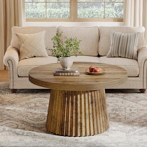 Tribesigns 31.5" Round Coffee Table, Modern Fluted Drum Coffee Tables for Living Room, Wood Farmhouse Boho Accent Pedestal Center Table for Apartment, Small Space, Brown - Image 1