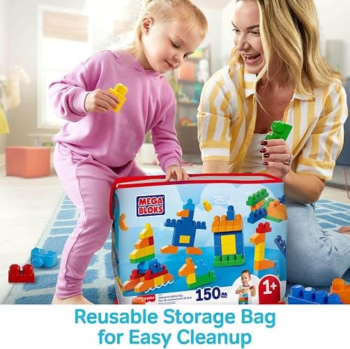 MEGA BLOKS First Builders Toddler Blocks Toys Set, Deluxe Building Bag with 150 Pieces and Storage, Creative Open-Ended Play, Blue, Ages 1+ Years (Amazon Exclusive) thumbnail 2