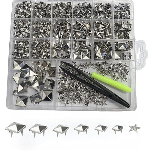 Uliche 820 Pcs Square Pyramid&Star Four-jaw Studs for Clothing,Punk Rivet Kit,Spikes and Studs for Leathercraft Accessories,DIY Craft Decoration for Punk Style Clothes Belts Bags Shoes Dog Collar - Image 1