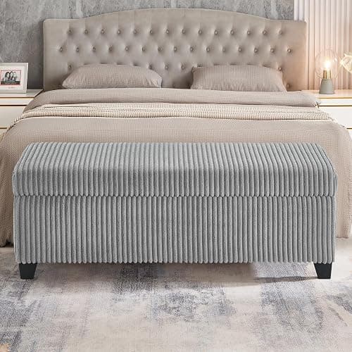 mikibama Corduroy Storage Ottoman Bench,Bed End Ottoman Bench with Storage,48" Long Storage Benches for Bedroom,Living Room,Entryway,Window,Mid Century Modern Storage Chest (Grey, 48") thumbnail 5