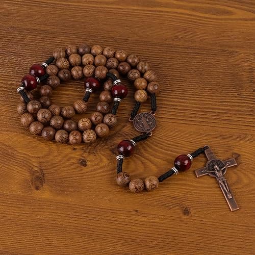 Nazareth Store Classic 10mm Solid Wood Rosary Beads Necklace for Men Olive & Dark Red Wooden Strong Rugged Corded Catholic Rosary with St.Benedict Medal & Cross Crucifix thumbnail 2