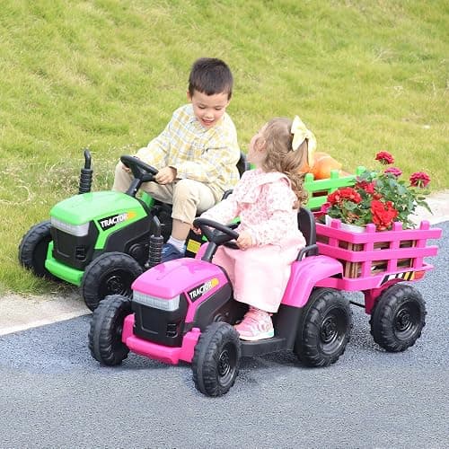 TOBBI Kids Electric Ride On Toy Tractor, Toddlers 12V Battery-Powered Car to Drive, 35W Dual Motor 6-Wheels Trailer Vehicle with 3-Speeds/LED & Horn Functions for Chirdren Aged 3-8-Pink thumbnail 2
