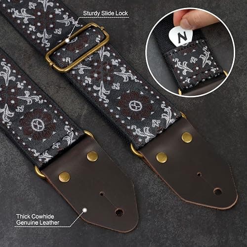 Nefelibata Guitar Strap,Jacquard Embroidery Cotton Guitar Straps with Crazy Horse Leather Ends for Bass, Electric & Acoustic, Best Gifts for Kids, Guitarists(Brown flower embroidery) thumbnail 3