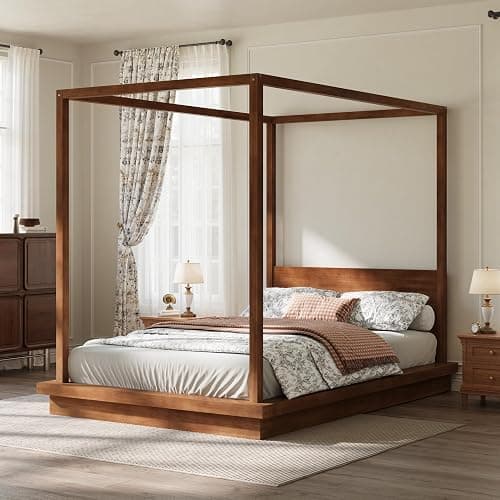 Merax Queen Wooden Canopy Platform Bed with Headboard,Brown - Image 1