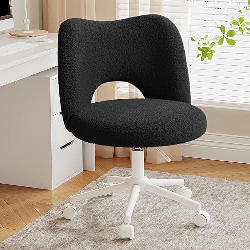DurayLoly Small Vanity Chair with Silent Wheels Black, Cute Vanity Chair with Back,Ultra-Plush Fleece Cute Desk Chair, Small Office Chair Height Adjustable,for Make-up Room,Bedroom - Image 1