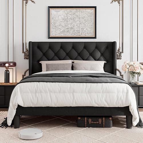 GalnFu Queen Size Bed Frame with Button Tufted Headboard, Upholstered Platform Bed Frame with UnderBed Storage, Wooden Slats Supports, Noise Free, No Box Spring Needed, Easy Assembly, Black thumbnail 7