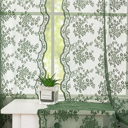 YJ YANJUN Vintage Lace Curtains 63 Inch Length-Victorian Floral Dark Olive Green Sheer Curtains 1 Pair Transparent Voile for Bedroom Kitchen Sunroom Bohemian Christmas Decor Rod Pocket W52 x L63 thumbnail 4