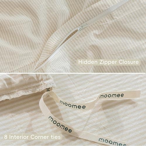 MooMee Striped Duvet Cover Set 100% Washed Cotton Linen Like Textured Breathable Durable Soft Comfy (Almond Milk Grey Pinstripes, Queen 90"x90") thumbnail 6