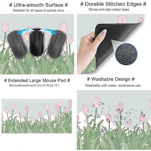 WatercolorTulip Flower Mouse Pads,Extended Gaming Mousepad XXL Kawaii Anime Desk Mat Pink Green Large Full Desk Mouse Pad for Wireless Mouse Keyboard Mat with Stitched Edges 31.5" x15.75 thumbnail 7